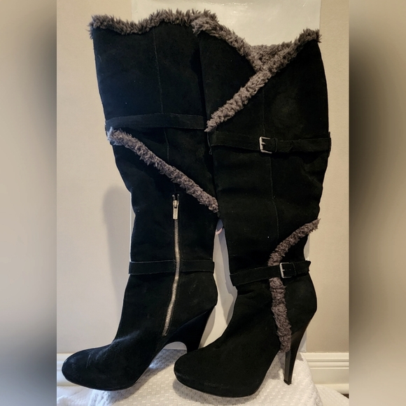 H by Halston Shoes - H by Halston Suede Knee High High Heeled Boots with Sheepskin. Size 10